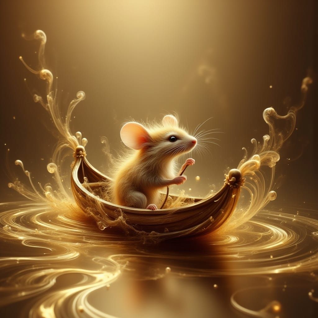 Hyperrealistic Mouse Navigates River of Liquid Gold