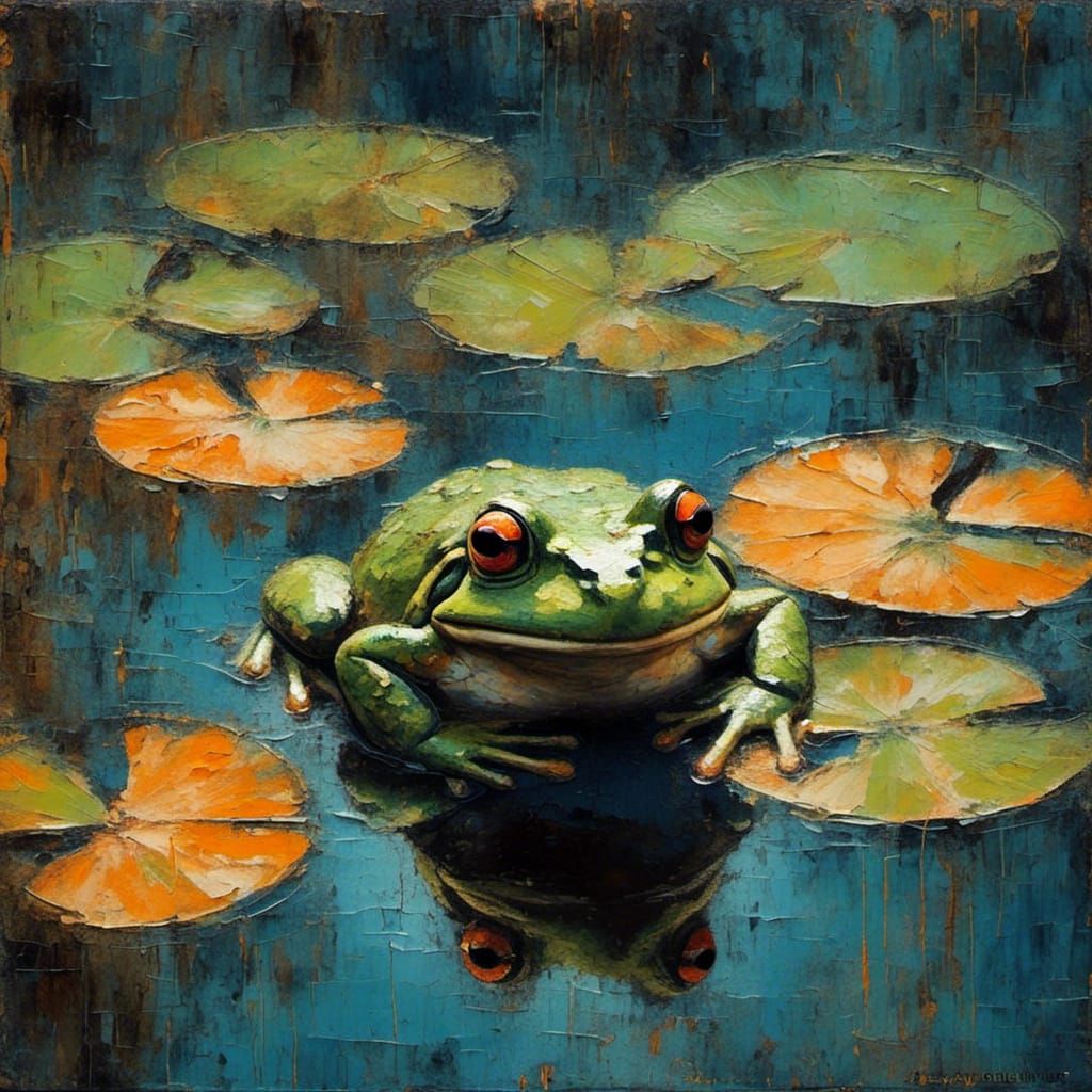 Frog in Pond as Impasto Oil Painting