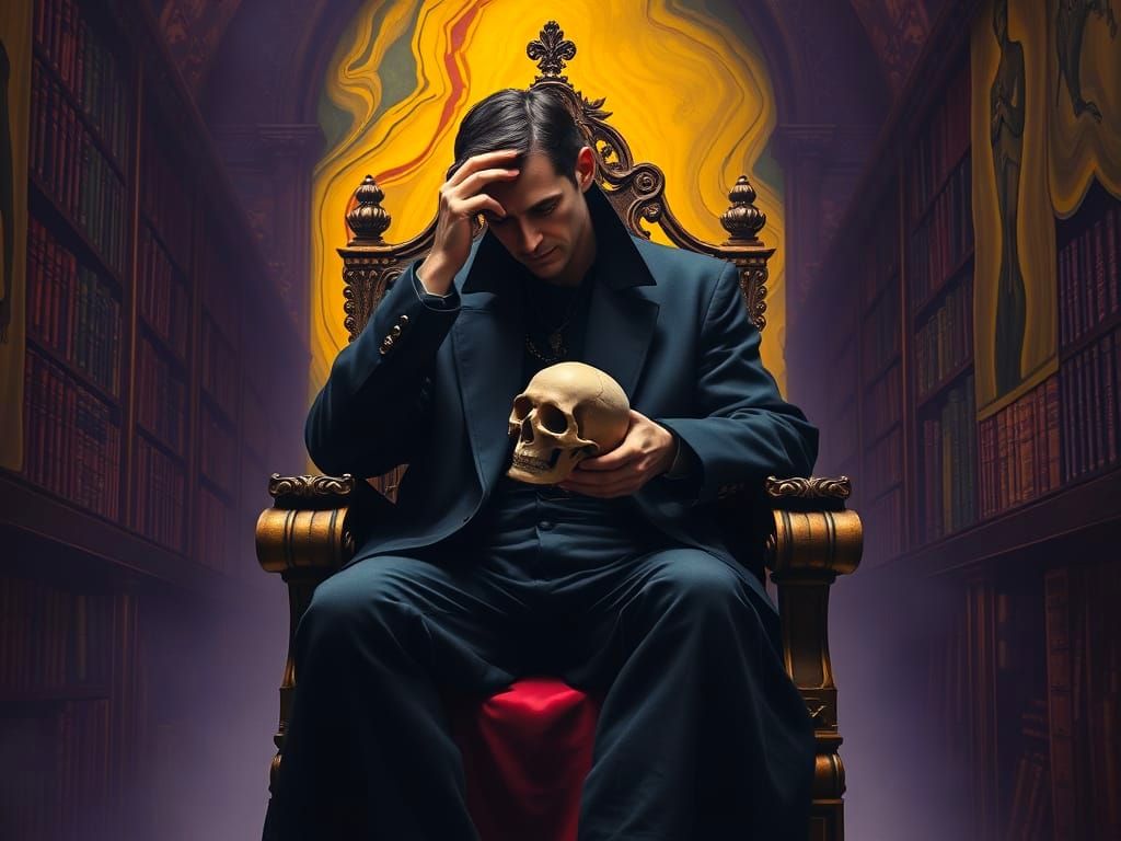Hamlet's Contemplation: Surreal Meltdown in Dark Library