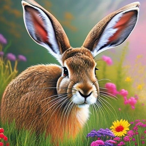 Jackalope with Antlers in Floral Meadow