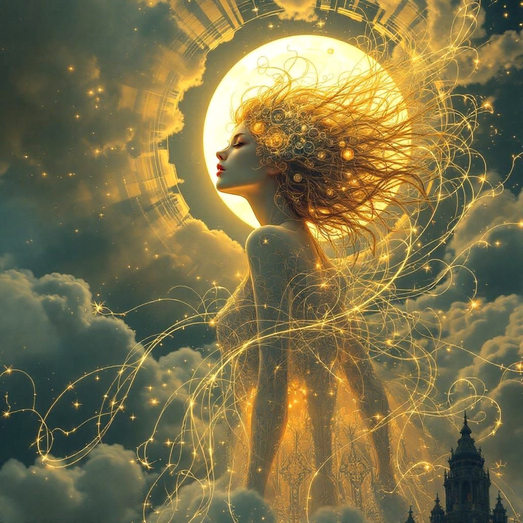 Art Nouveau Electric Fairy Over Cityscape