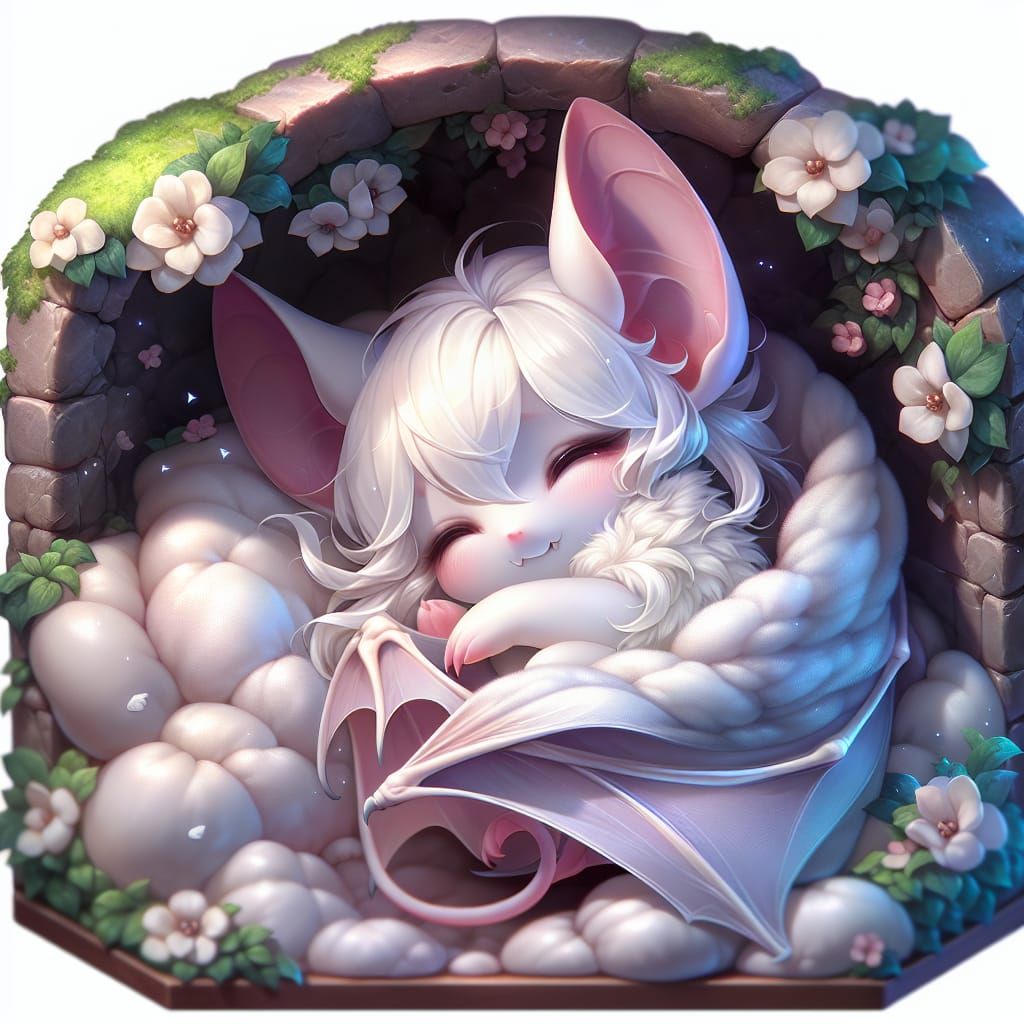 Adorable Chibi White Bat Sleeping in Cave Nook