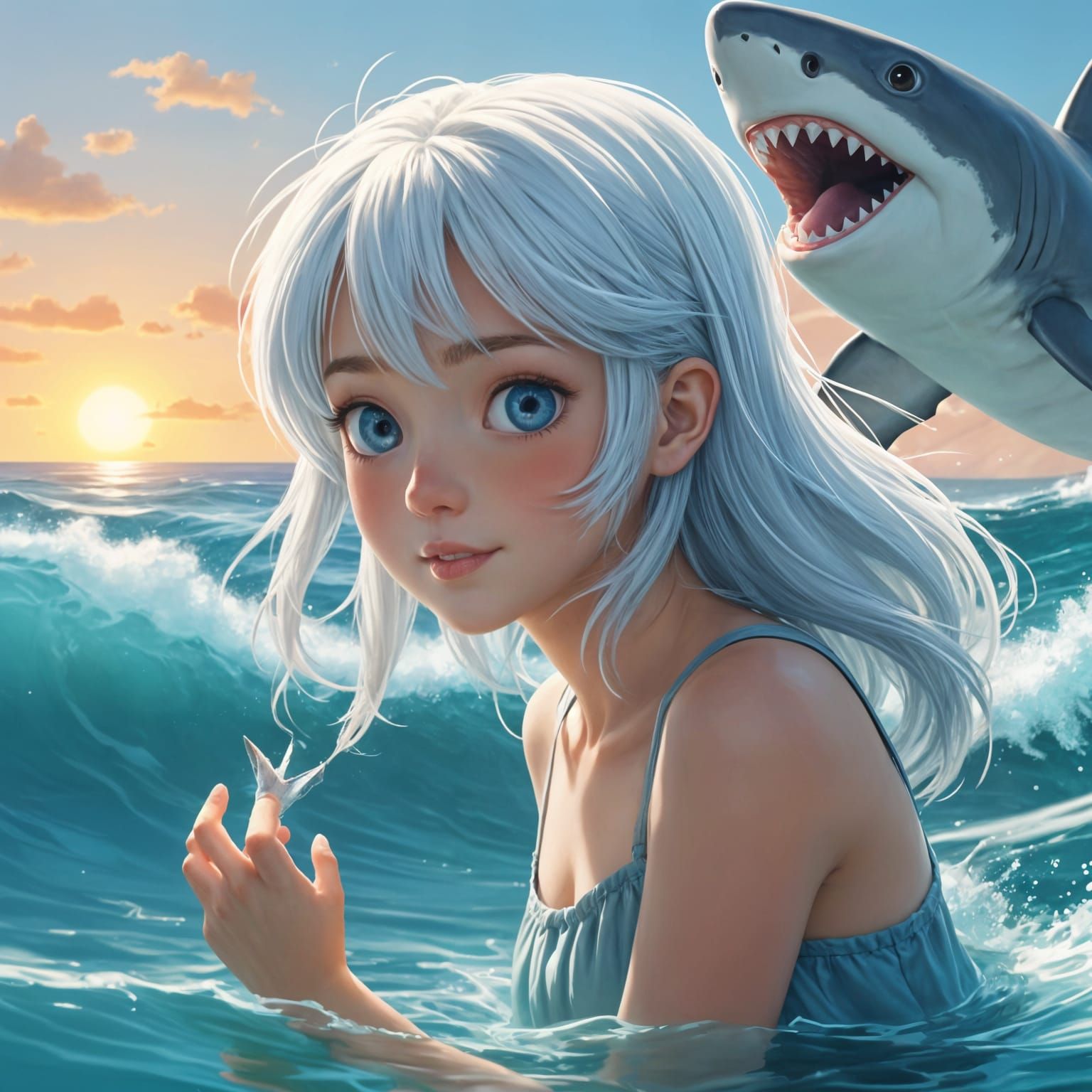Adorable Anime Shark Girl in Vibrant Blue