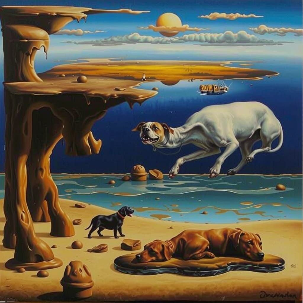 Surreal Melting Dogs in Oil, a Dali-esque Dream
