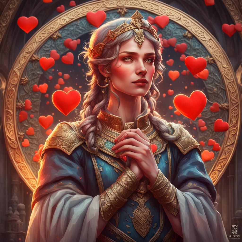 Medieval Women's Embrace with Hearts, Digital Art