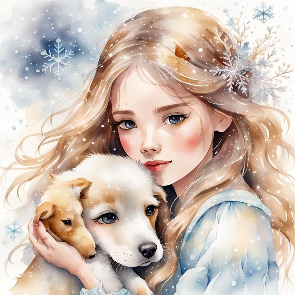 Charming Girl with Puppy in Dreamy Watercolor Style