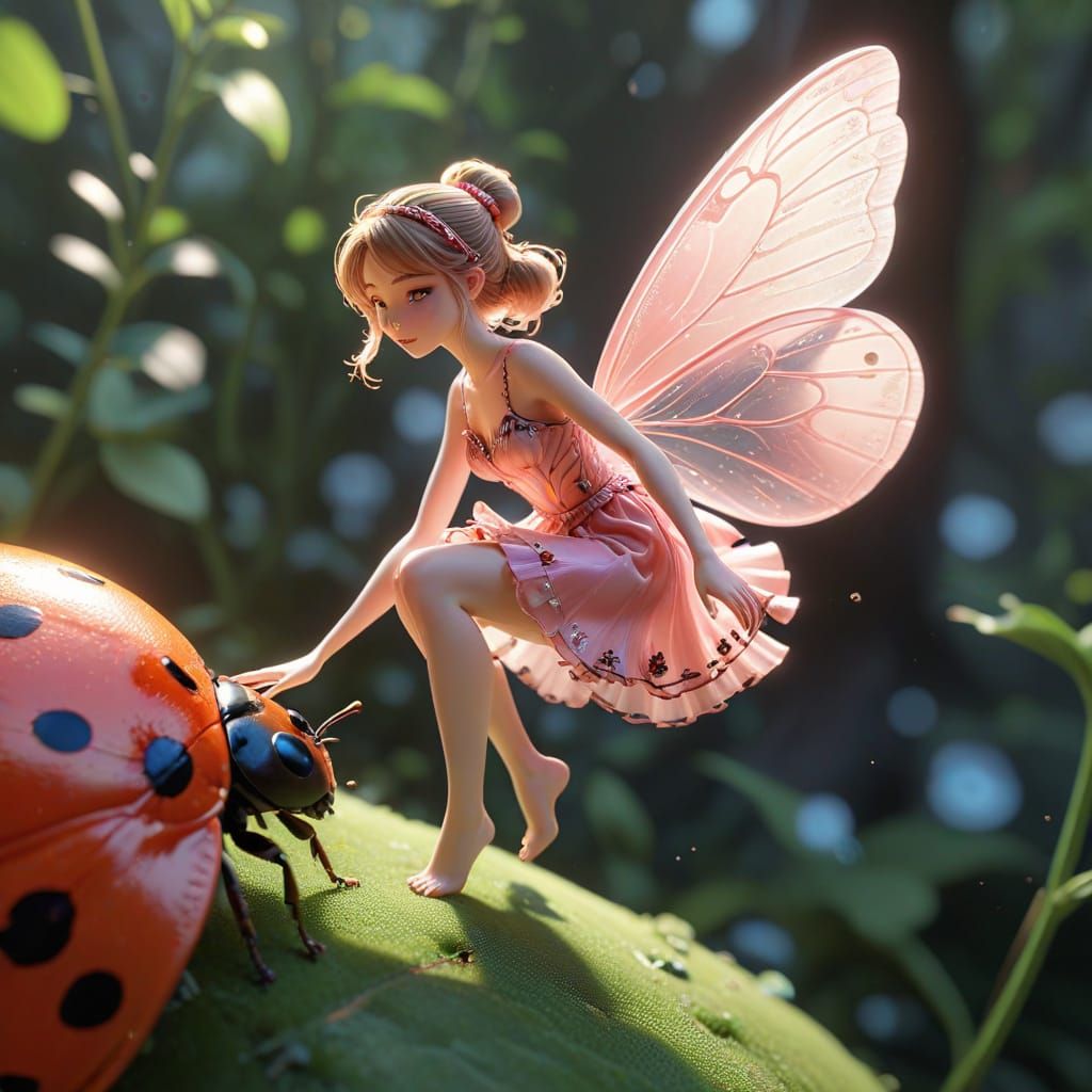 Tiny Thumbelina Rides a Ladybug in Delicate 3D Anime Art