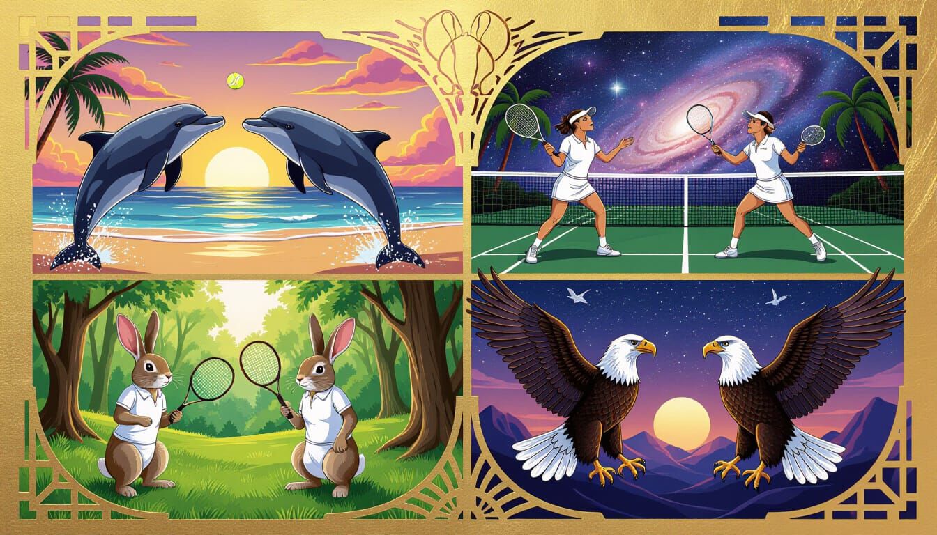 Art Deco Animals Play Tennis in Space Collage