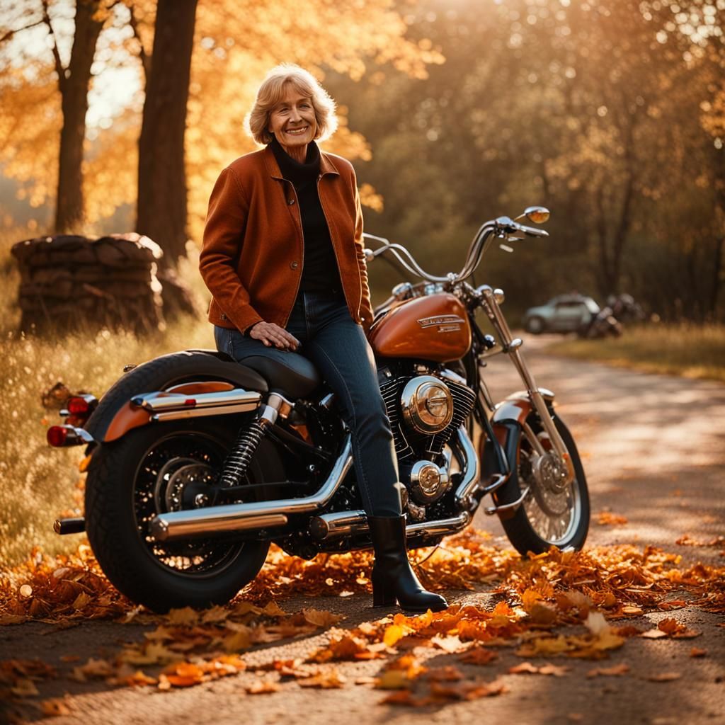 Woman with Motorcycle in Autumn Landscape