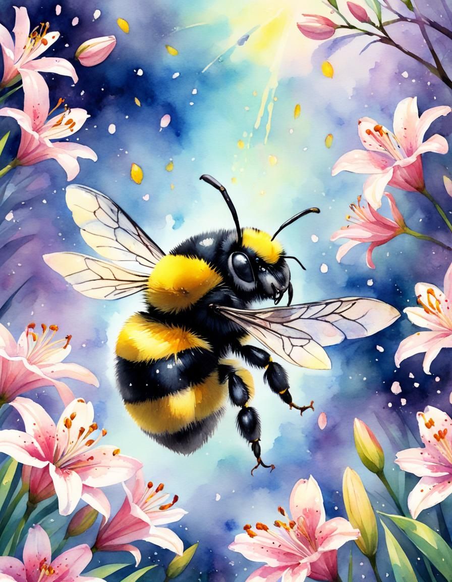 Watercolor Bumblebee with Lily Blossoms and Sakura