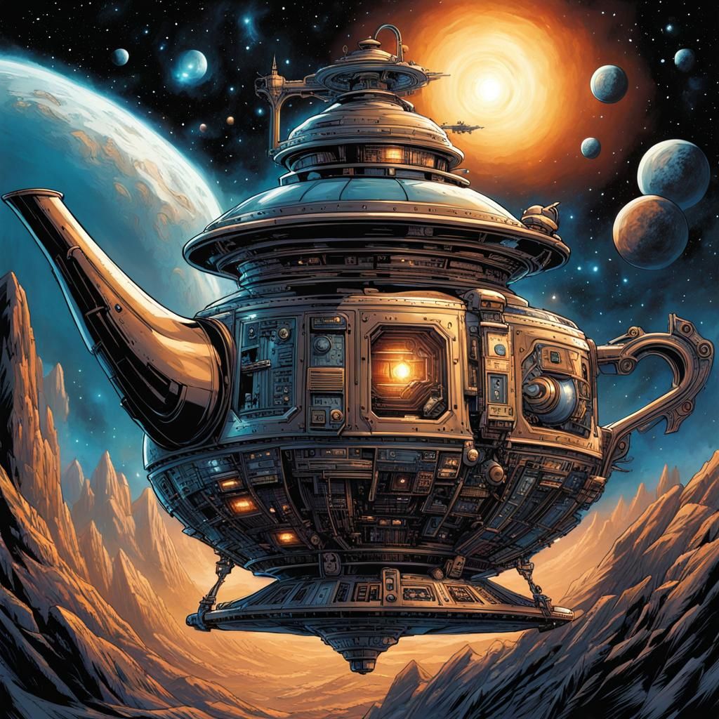 Teapot Spaceship Flying Through Space Comic Art