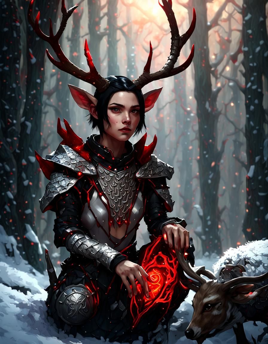 Elf Girl with Antlers in Dark Fantasy Style