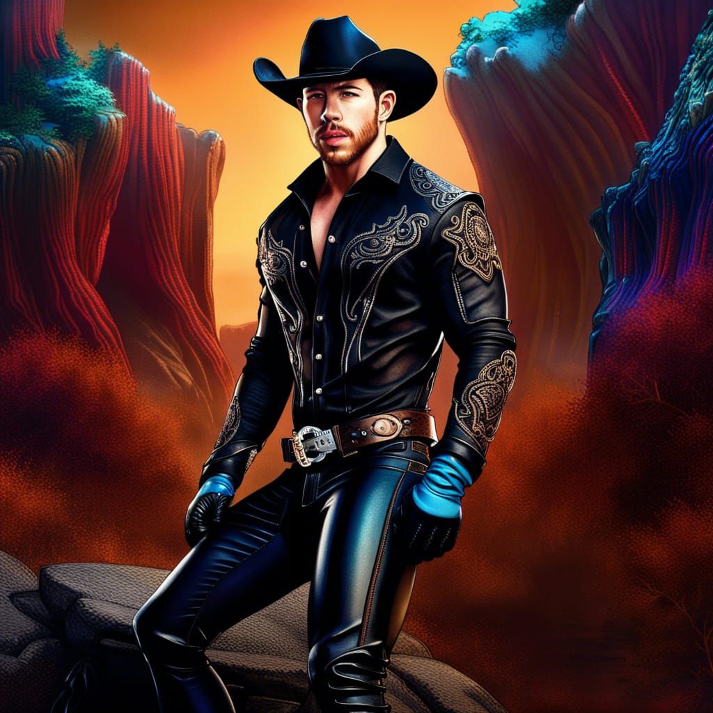 Nick Jonas as Leather Cowboy: Detailed Digital Art