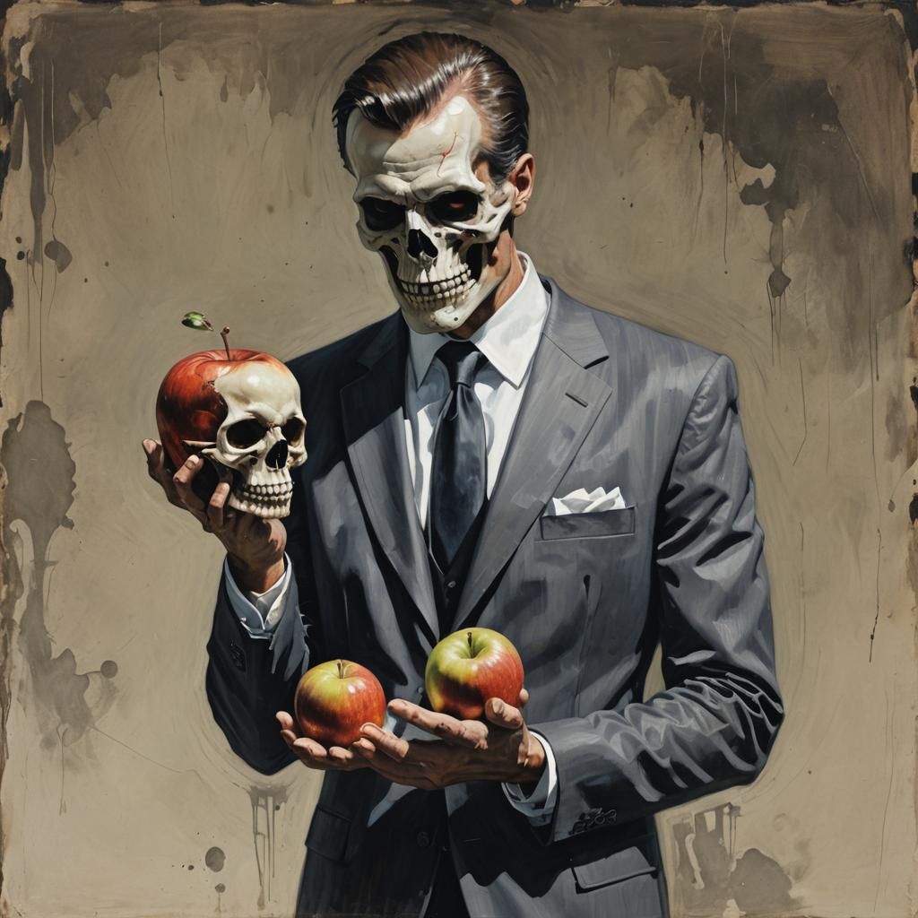 Sinister Man in Suit Holding Apple and Skull