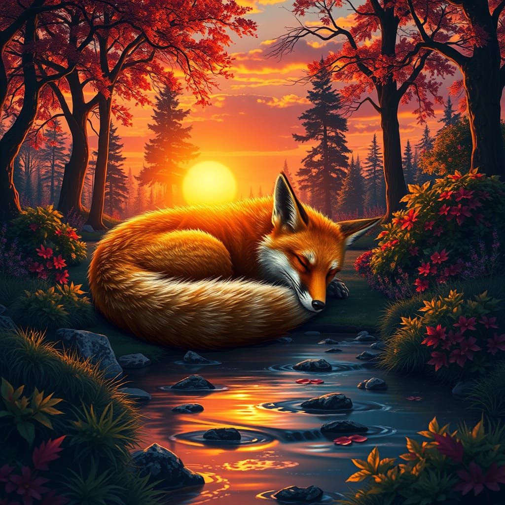 Sleeping relaxed Fox curled up on a sitting Bathed in the warm glow of a sunrise, a tranquil landscape unfolds, where ge...