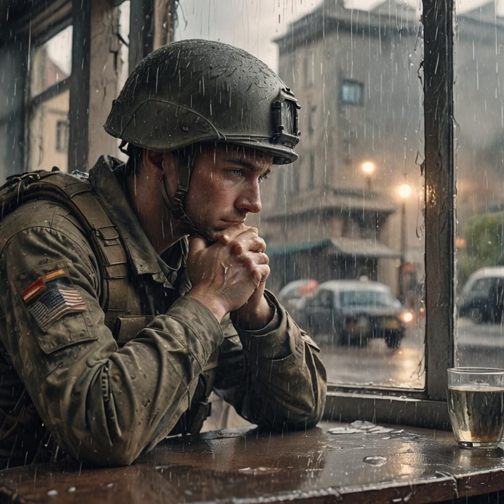 Soldier Gazing Through Rain-Soaked Window