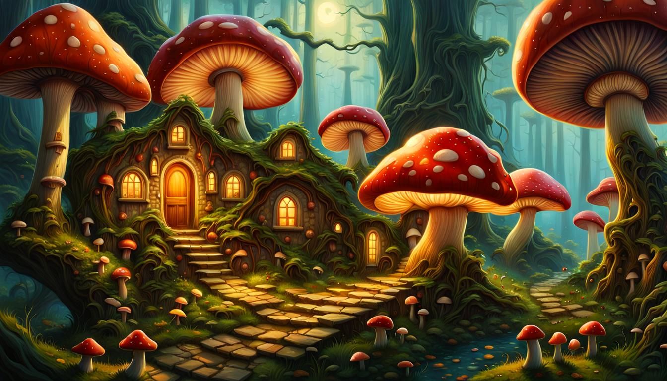 Hyperdetailed Mushroom Fairy Cityscape Illustration