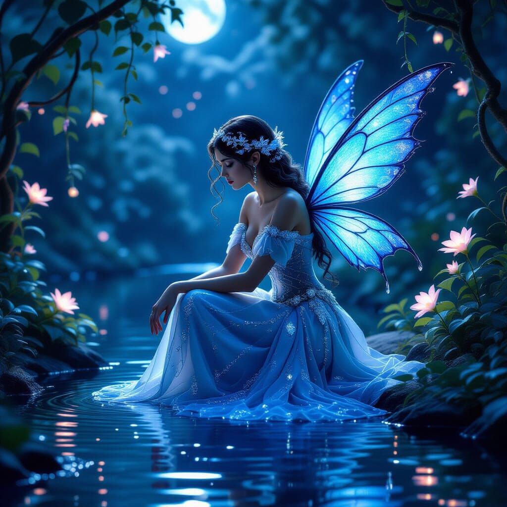 Mystical blue fairy kneeling beside a shimmering moonlit pon...