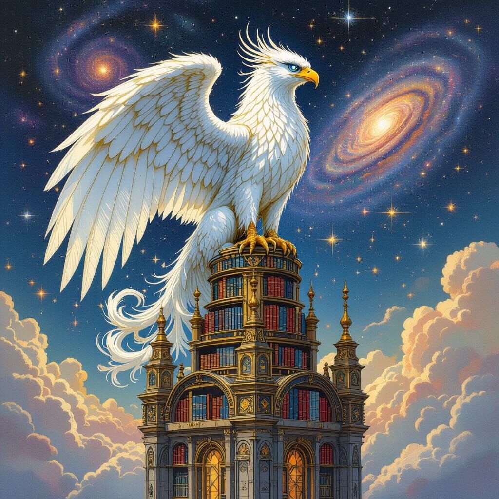Celestial Griffin on Library Spire in Ghibli Style
