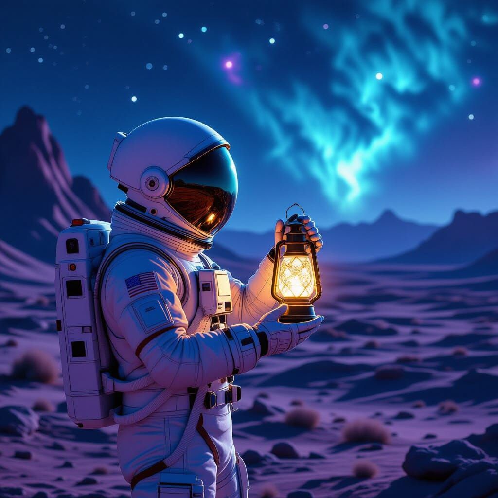 Astronaut with Glowing Lantern on Alien Planet