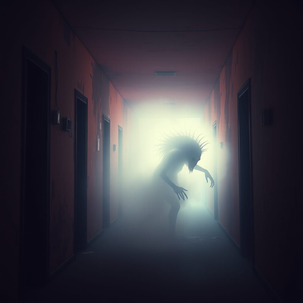 Eerie Vapor Creature in Twilight Hallway