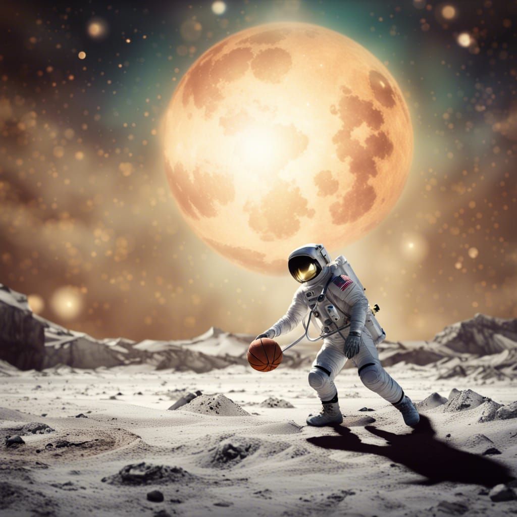 Astronaut Dribbling Basketball on Moon, Hyperrealistic Art