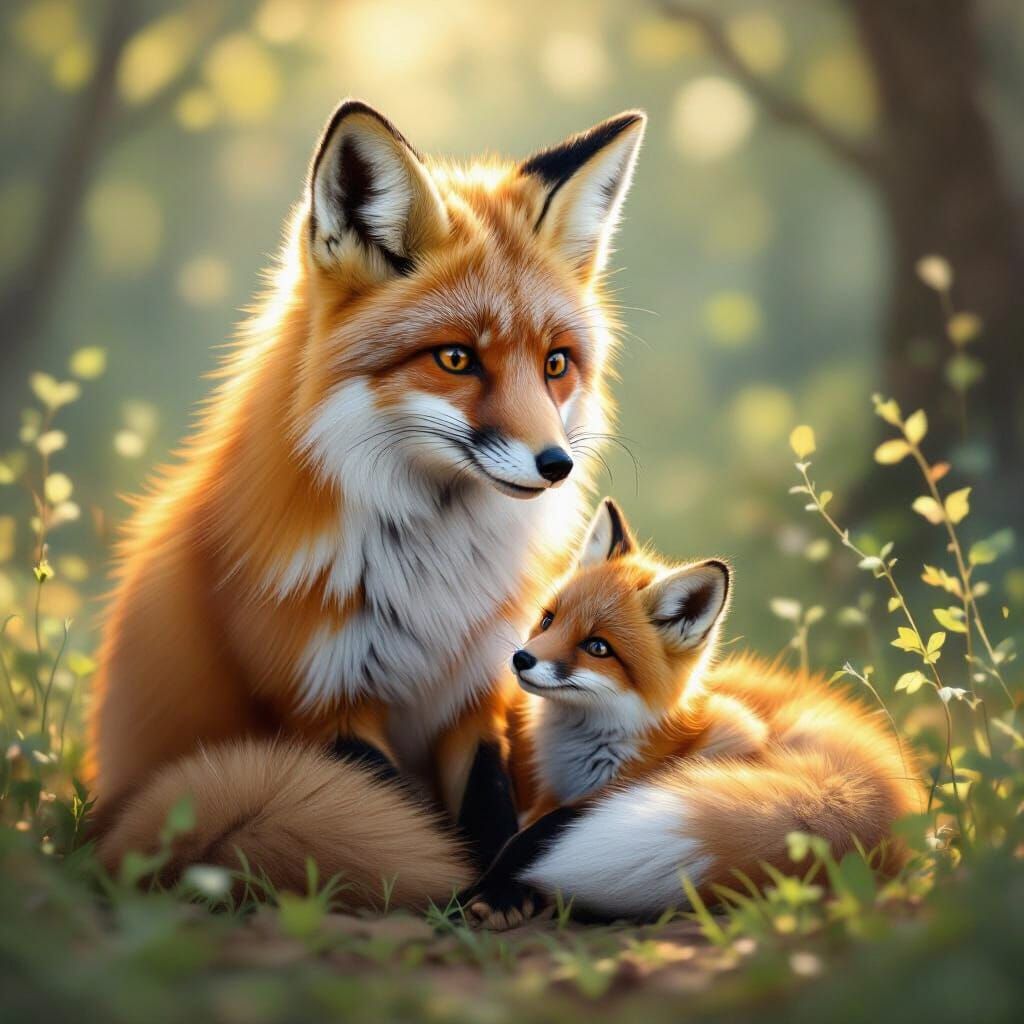 Realistic Mother and Baby Fox in Sunlit Forest