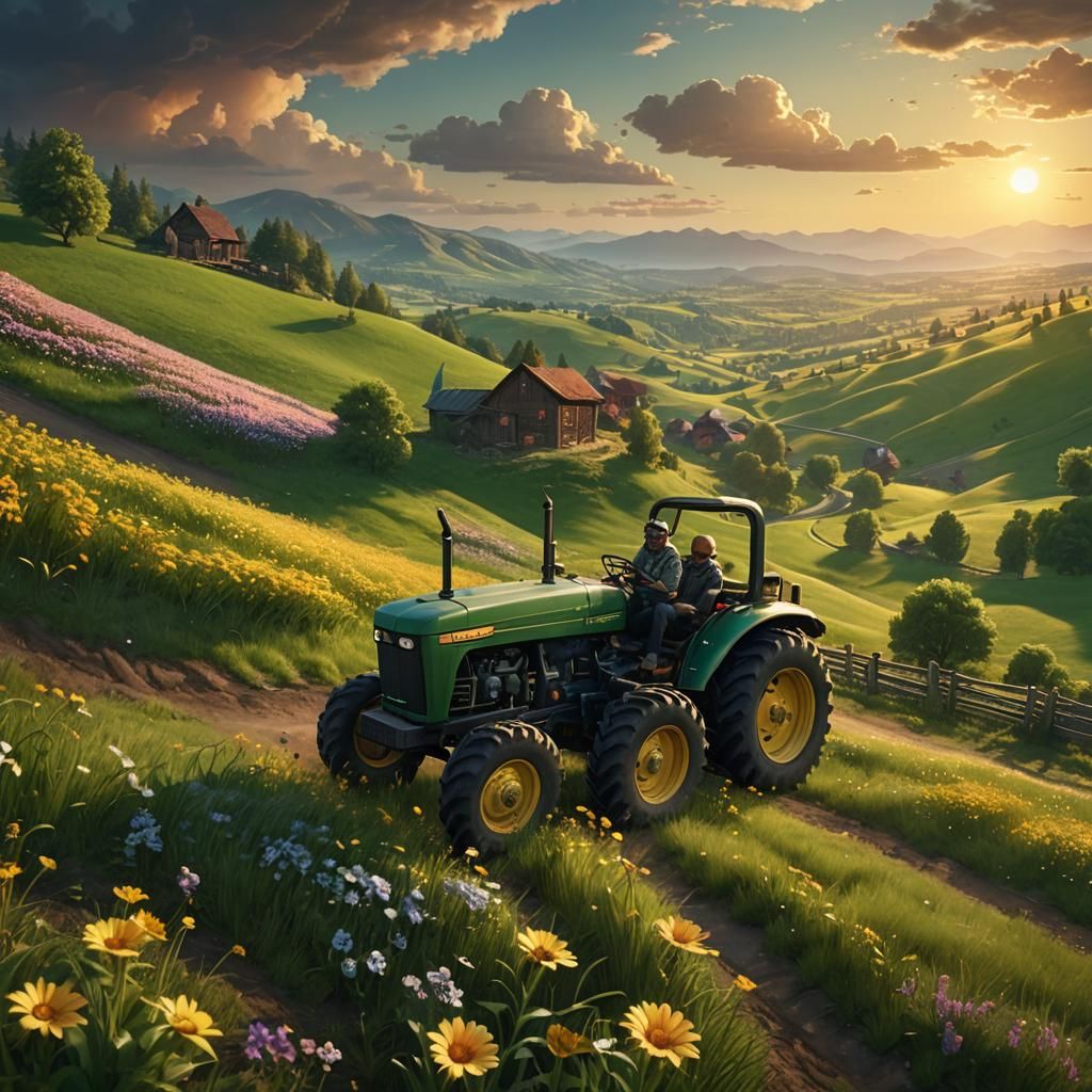 Tractor on Hillside Road in Fantasy Concept Art
