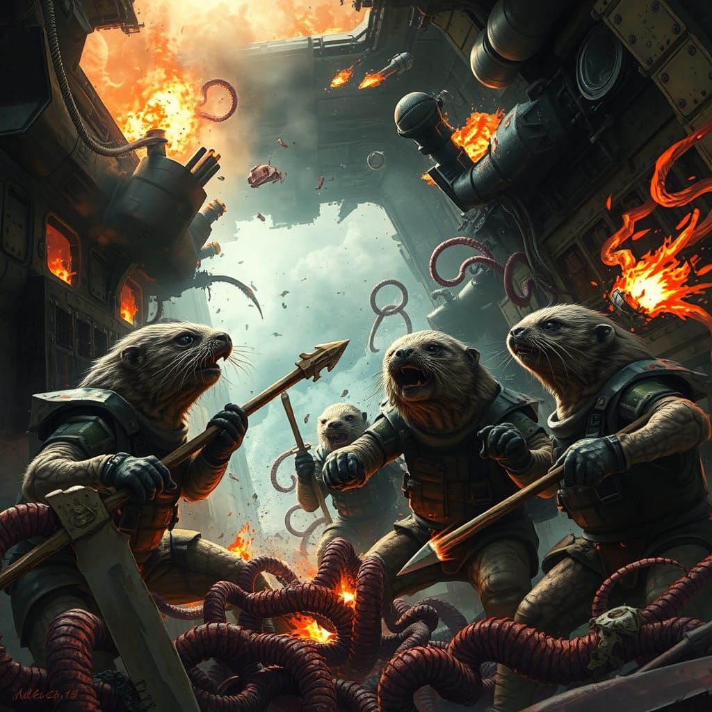 Space Otters in Desperate Battle Against Twisted Creatures