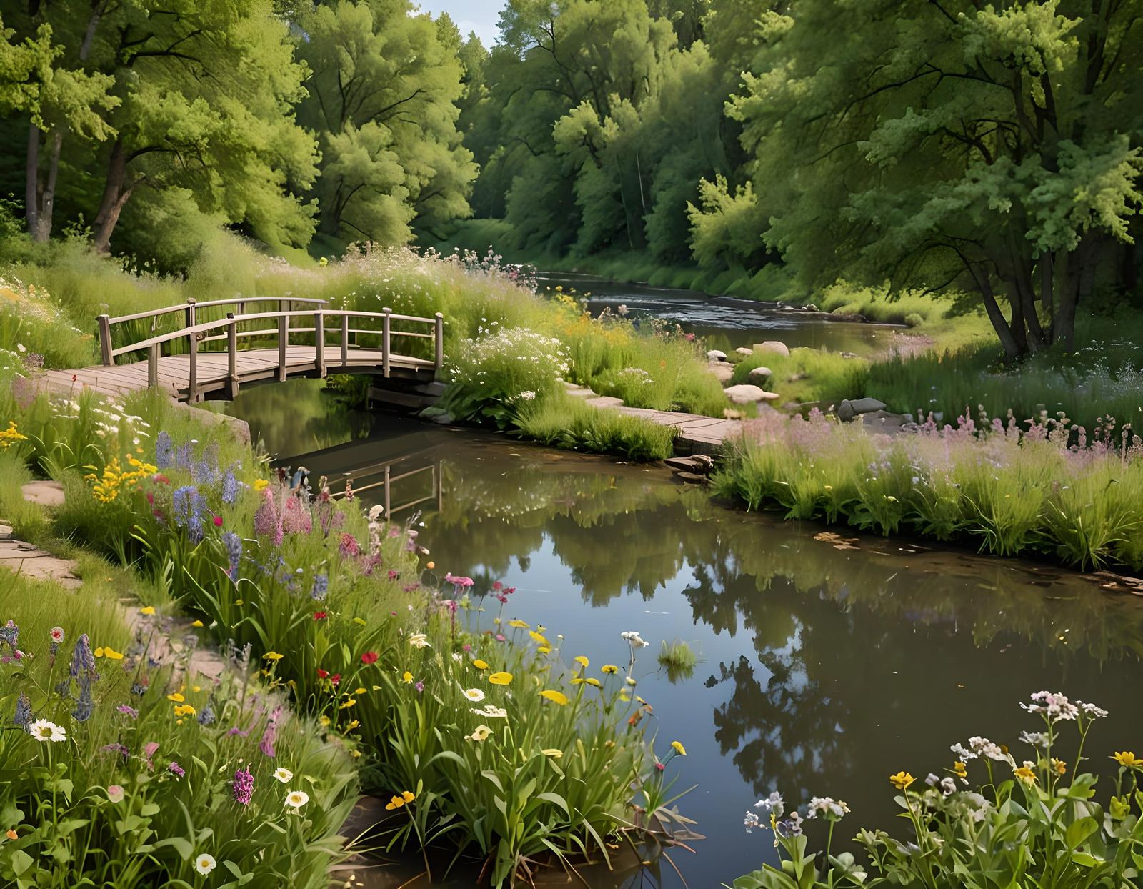 Riverbank Scene with Wildflowers and Wooden Bridge