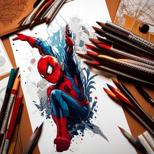 Spiderman with Luminous Colors and Golden Outlines