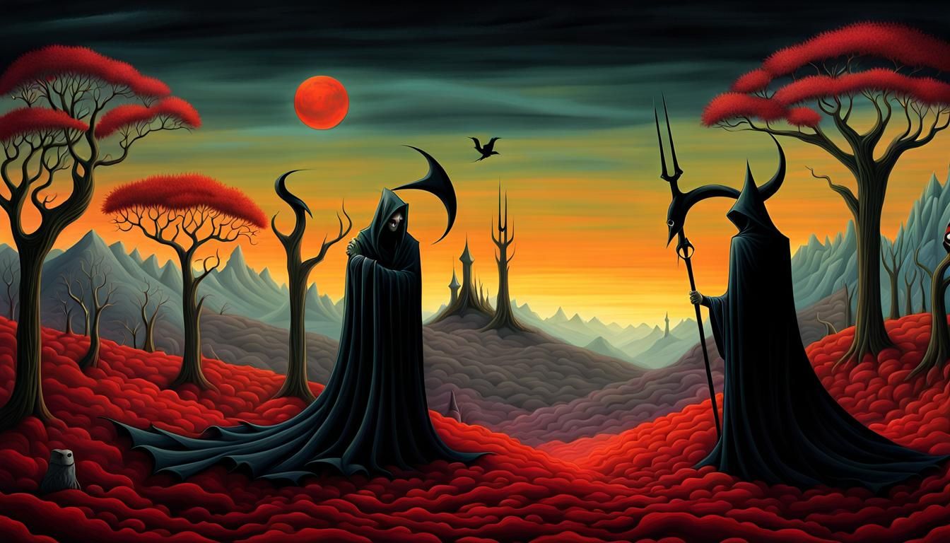 Grim Reaper and Lucifer in Surreal Landscape