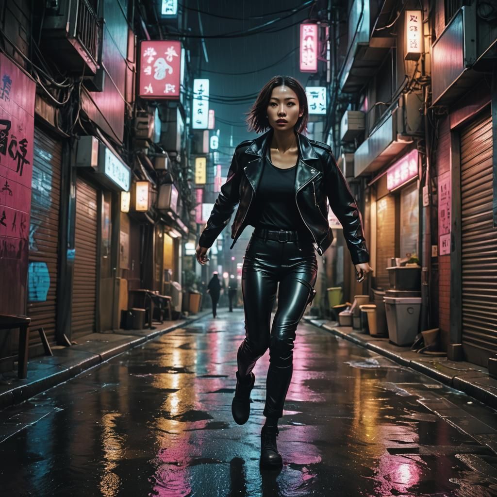 Cyberpunk Runner in Neo-Tokyo Alley at Night