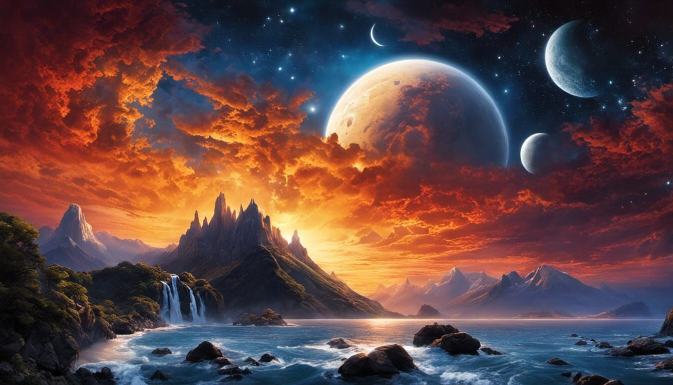 Lush Bonsai Valley Sunset with Cosmic Full Moon