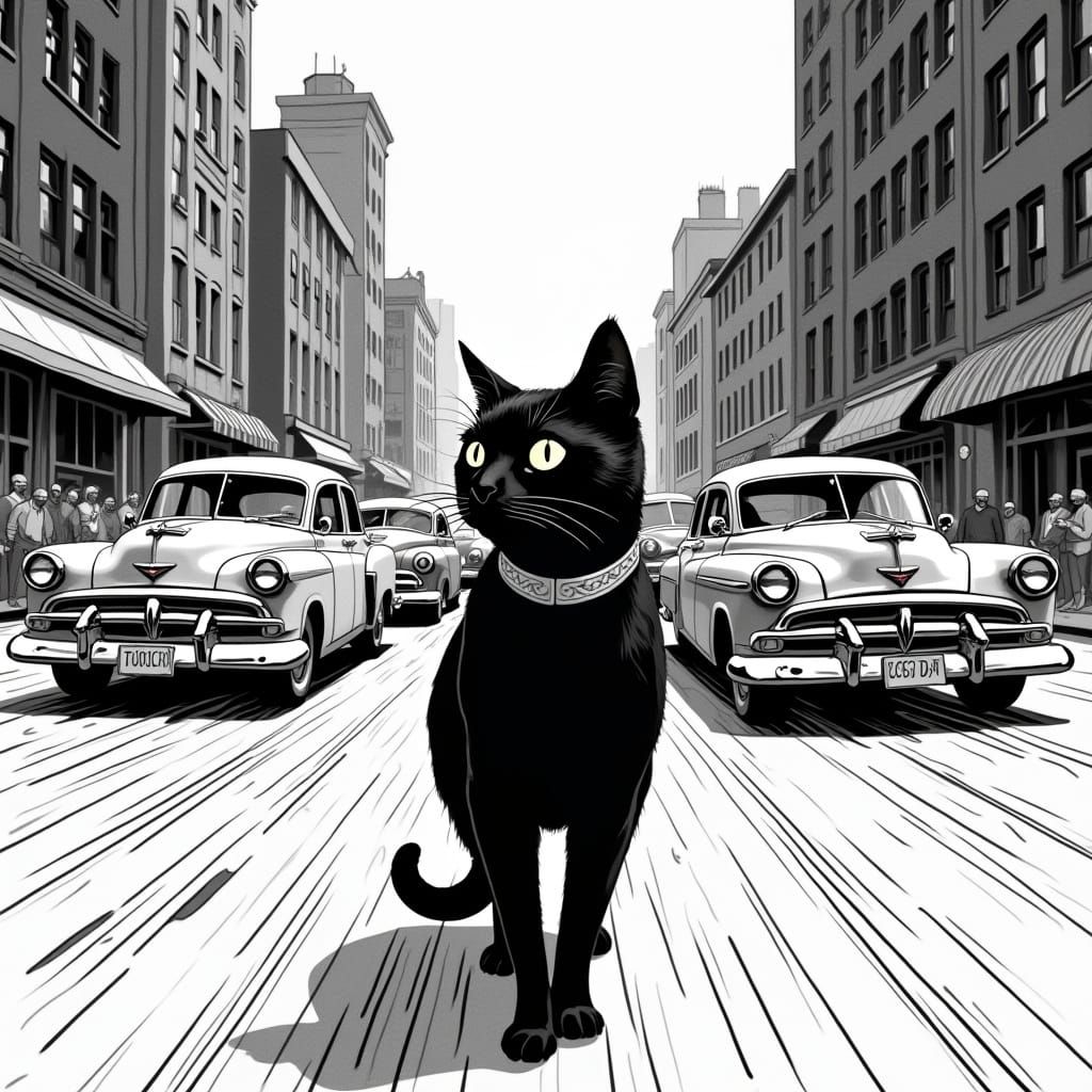 Black Cat Amidst City Chaos in Comic Style