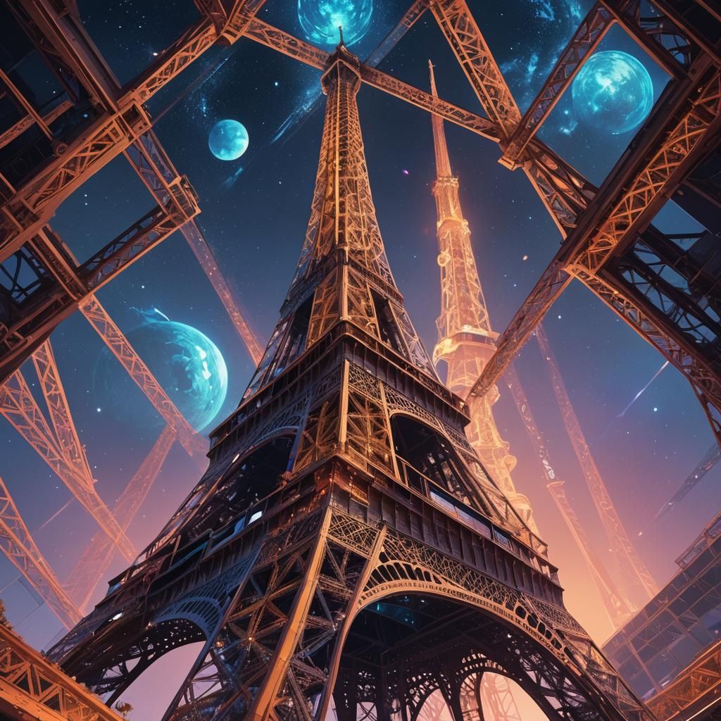 Eiffel Tower Floating in Space, Syd Mead Style