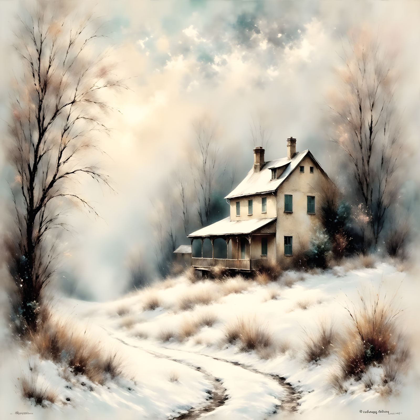Impressionist Winter Scene with Rustic Houses
