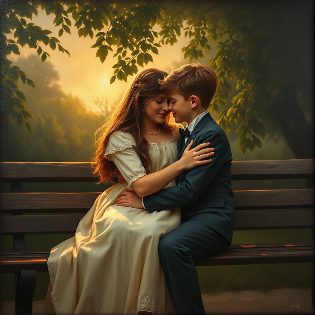 Romantic Embrace: Oil Painting in Pre-Raphaelite Style
