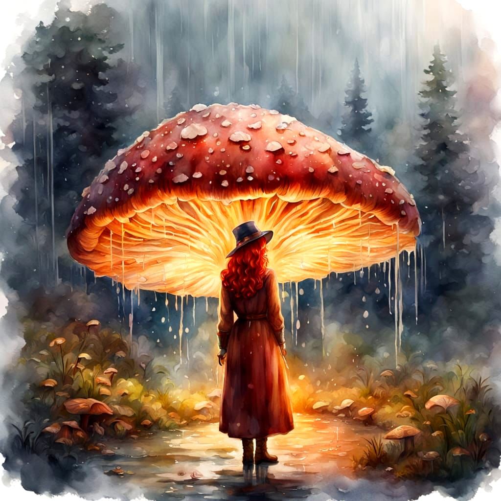 Red Haired Woman Sheltered by Giant Mushroom
