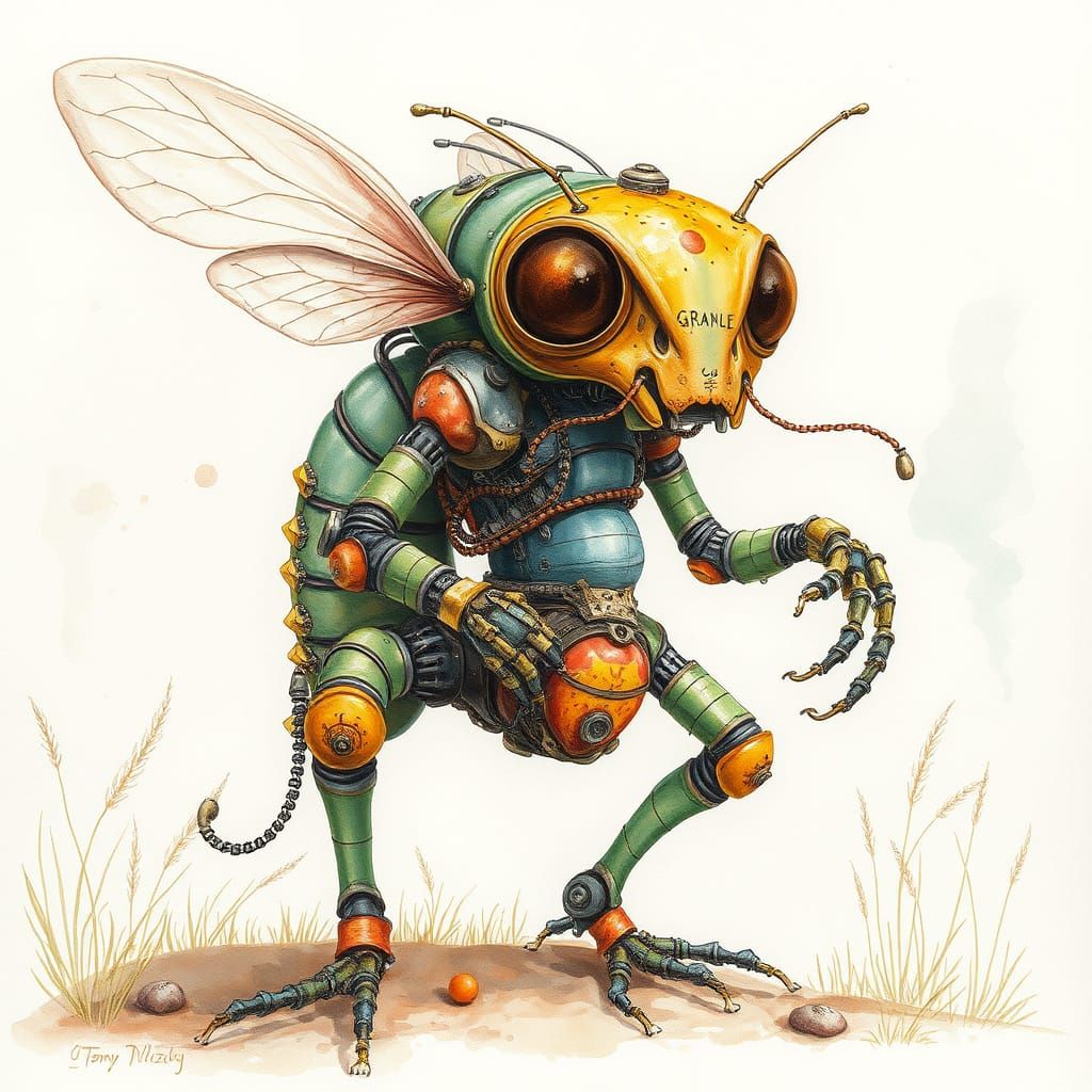 Whimsical Grasshopper with Enameled Exoskeleton, Watercolor