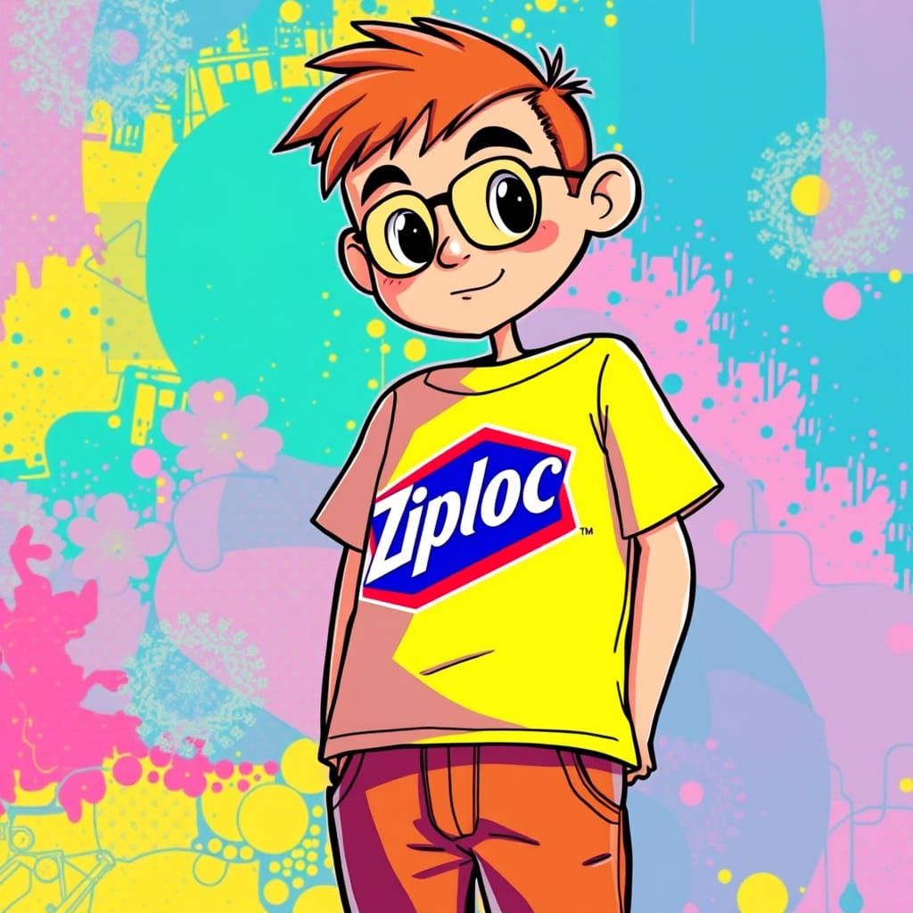 Cartoon Character in Ziploc Shirt, Murakami-esque Illustrati...