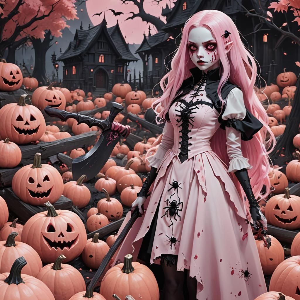 Pink Vampire with Axe in Halloween Fantasy Scene