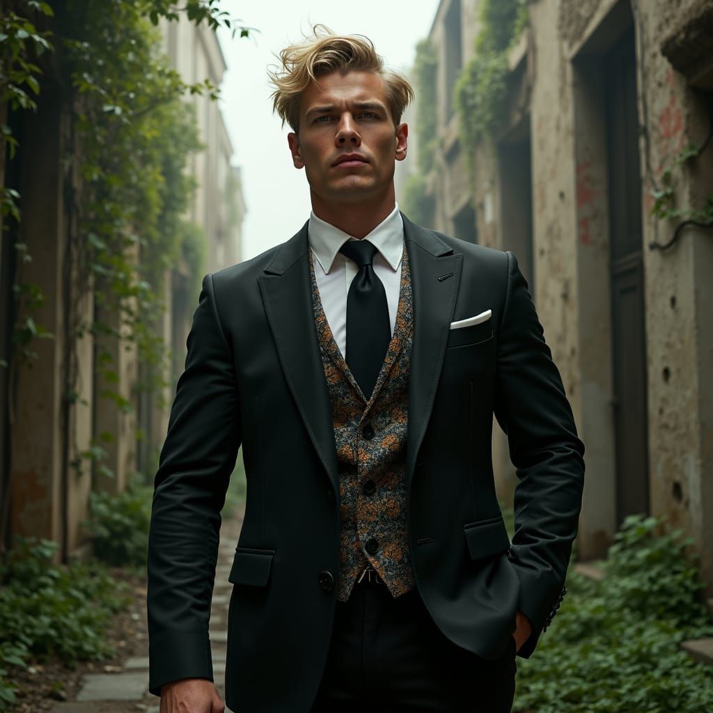 Confident Man in Ruined Cityscape, Photorealistic Portrait