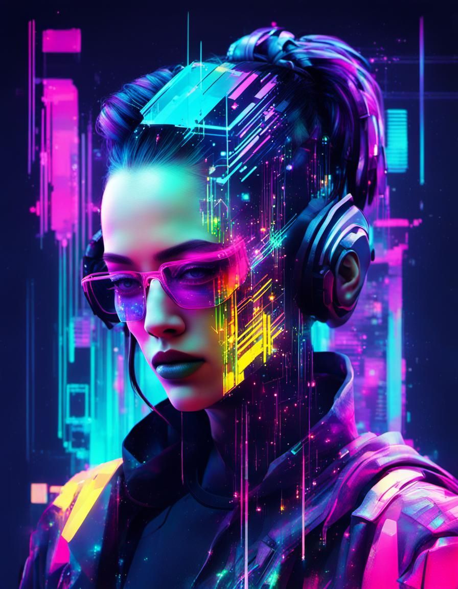 Cyberpunk Glitch Girl Digital Avatar with Neon Effects