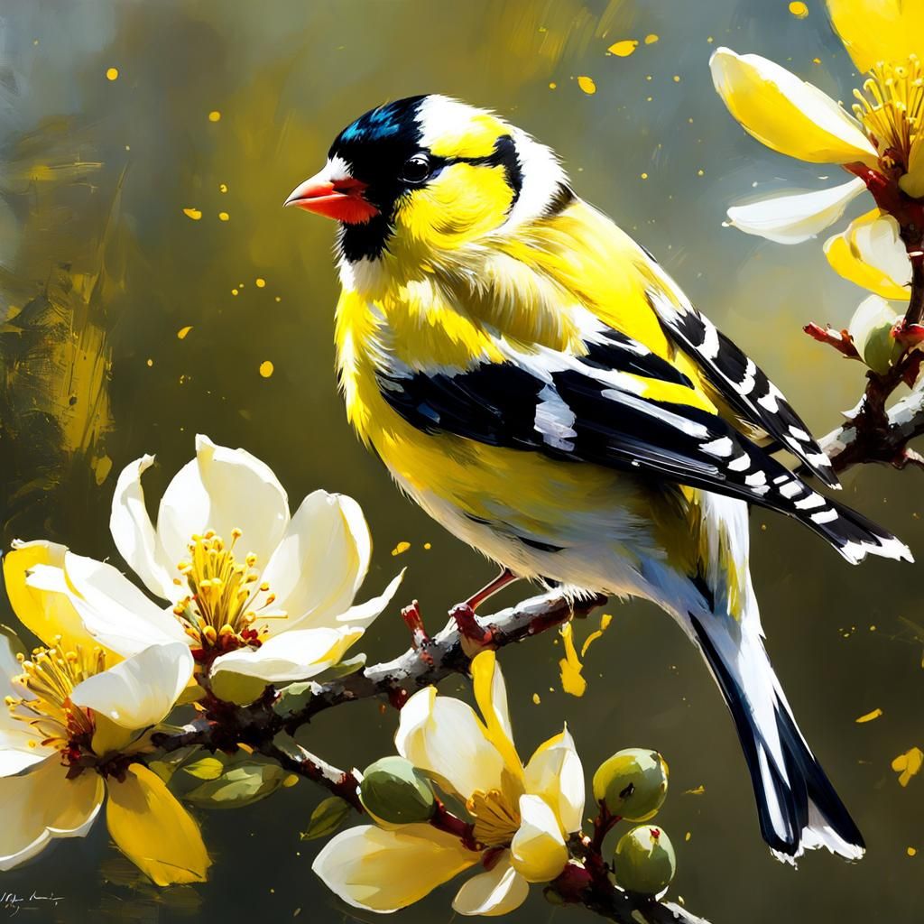 Goldfinch in Magnolia: Detailed Matte Painting
