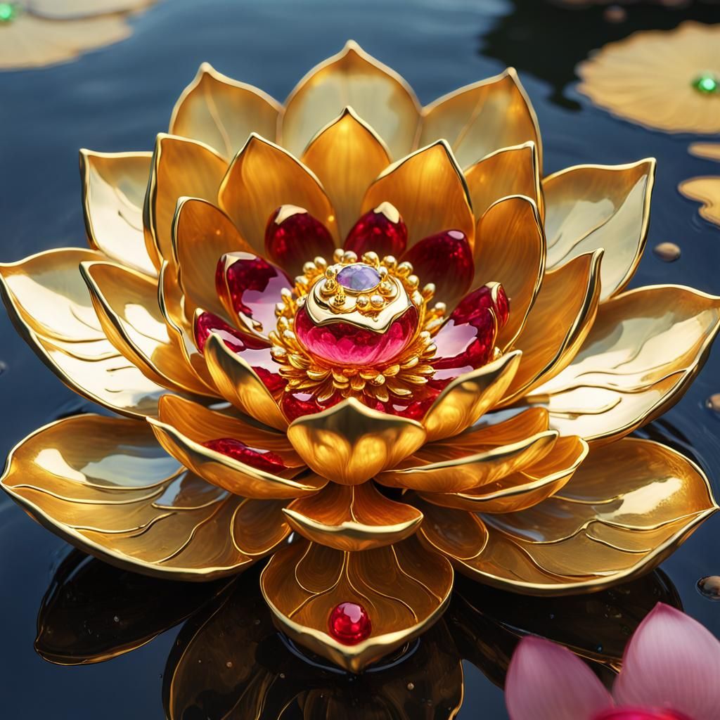 Golden Lotus Flower with Gems in Pond