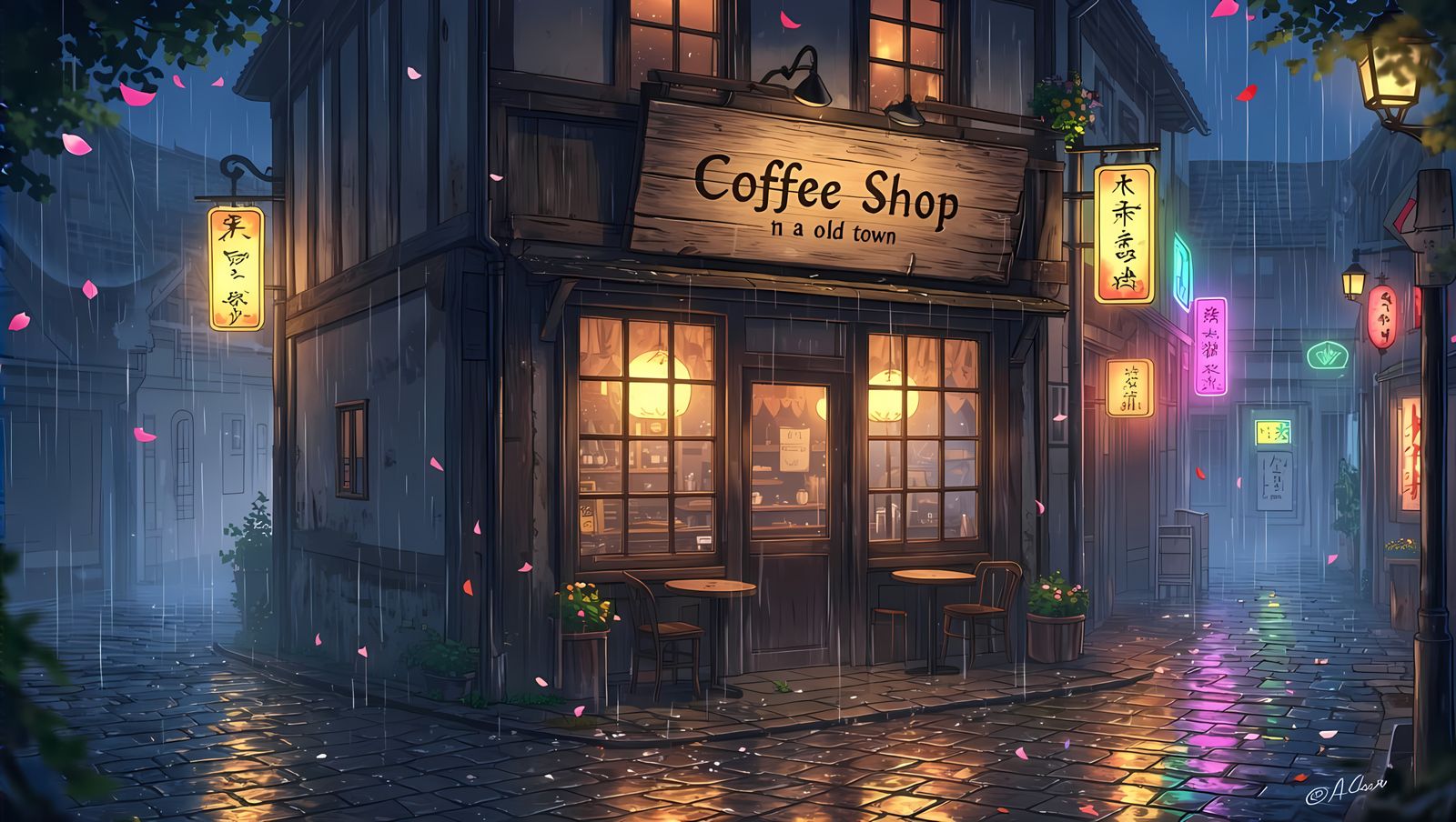 Anime-Style Rainy Night Scene of a Cozy Coffee Shop