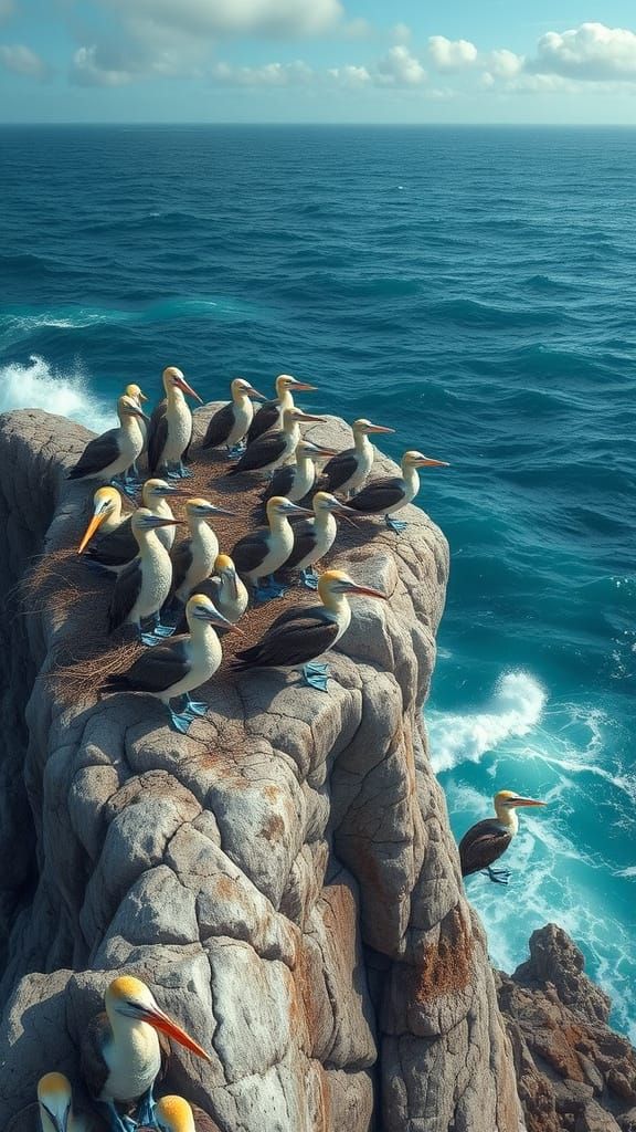 Blue Footed Boobie Birds Nesting on Rocky Cliff in Realistic...