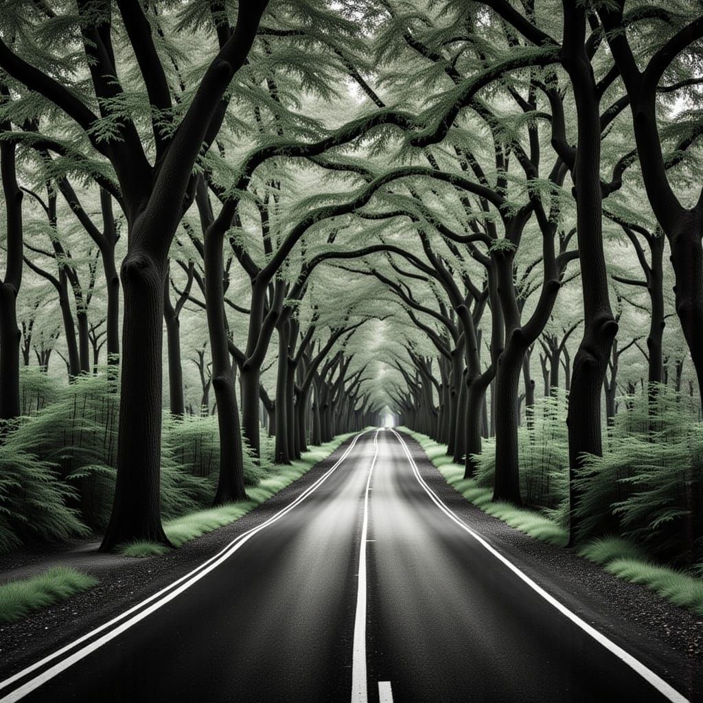 Endless Road with Green Lamppost, Fine Art Photography