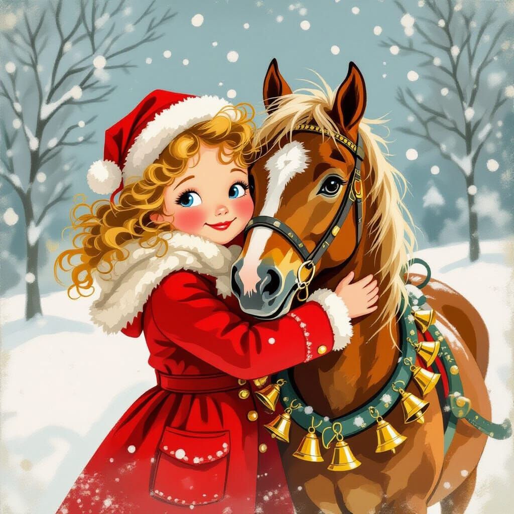 Charming Girl and Horse in Snowy Vintage Scene
